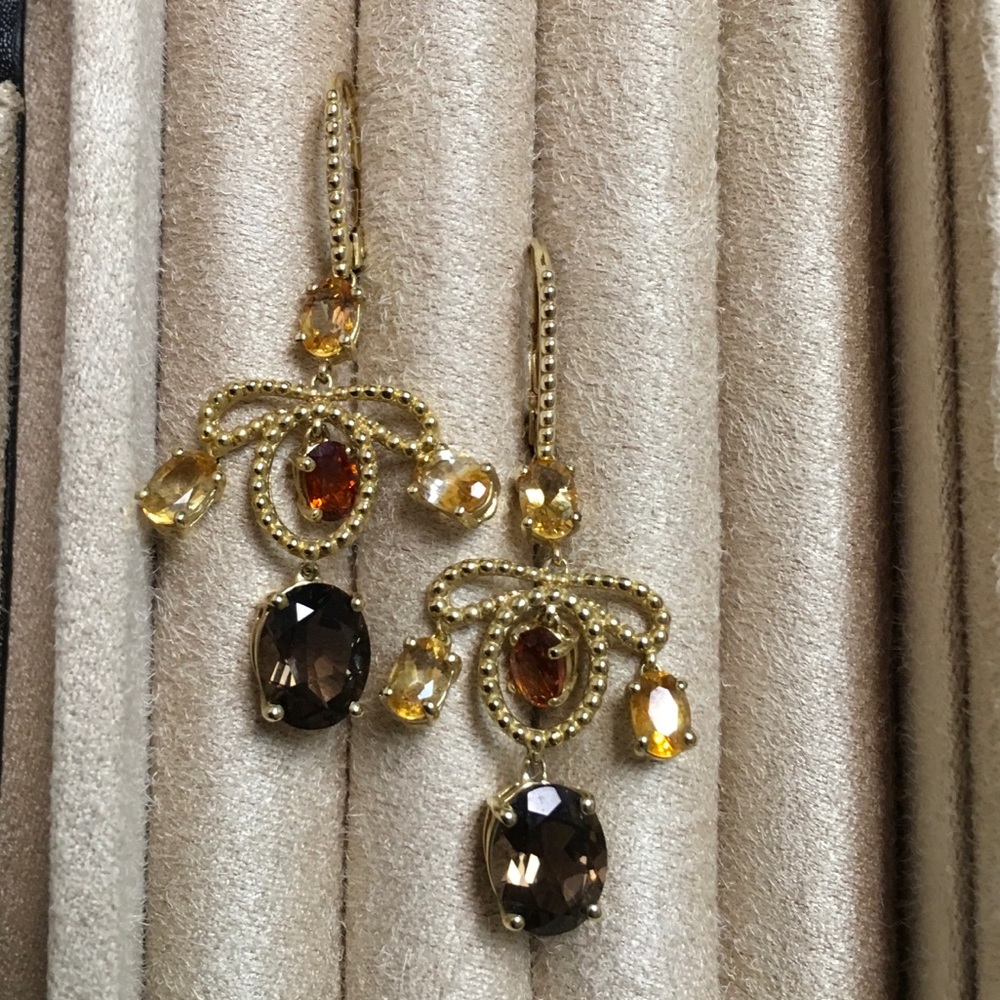 Gold 925 Smoky Quartz, Tourmaline, Citrine Earring - Picture 1 of 8